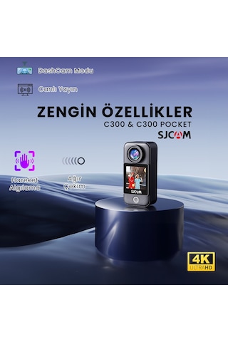SJCAM C300 4K UHD 2160P Çift Ekranlı Ultra Batarya 2800mAh + 1000mAh WiFi 20MP 154° Aksiyon Kamerası Siyah