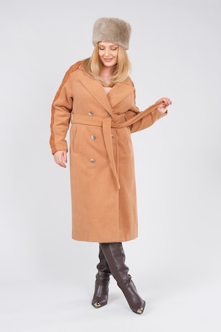 Giyim Dünyası Kadın Kolları Triko Örgü Detaylı Bel Kuşaklı Kaşe Kaban Camel 001