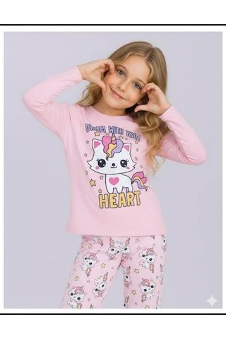 Kız Çocuk Uzun Kollu %100 Pamuklu Pijama Takımı Unicat Pembe