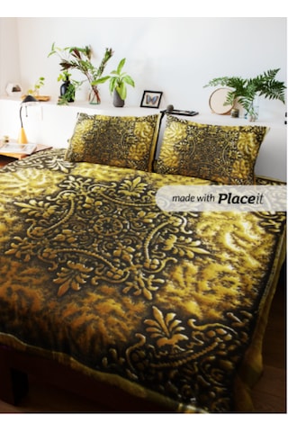 Eskitme Motif Çift Kişilik Nevresim Takımı Pamuk Saten 240 260 Cm Altın Sarısı