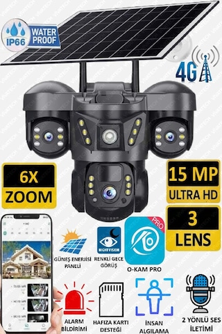 Harvox Solar Güneş Enerjili İnsan Takibi 15mp 3 Lens 4g Akıllı Kamera Sirenli