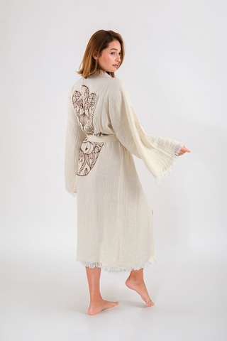 Befera Müslin Kimono Pamuklu Fatma Ana Eli Baskılı Desenli Bornoz Kaftan Sabahlık Ekru