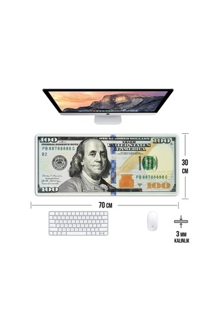 Dolar Baskılı Oyun Gaming Klavye Mouse Pad Kaymaz Taban Kenarları Dikişli Su Geçirmez Masa Matı 70x30 Cm