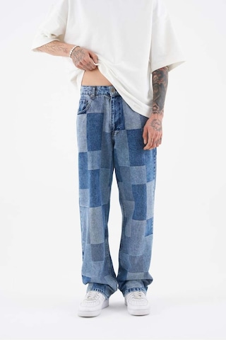 Açık Mavi Parçalı Desenli Baggy Jean Pantolon Mavi