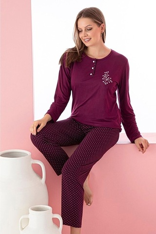 Farya Home Dreamy Uzun Kollu Desenli Düğmeli Yaka Pijama Takımı Mürdüm
