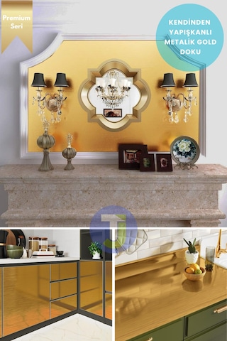Technojet Kendinden Yapışkanlı Metalik Folyo Mutfak Banyo Tezgah Duvar Dolap Masa Kaplama 60cmx100cm Gold