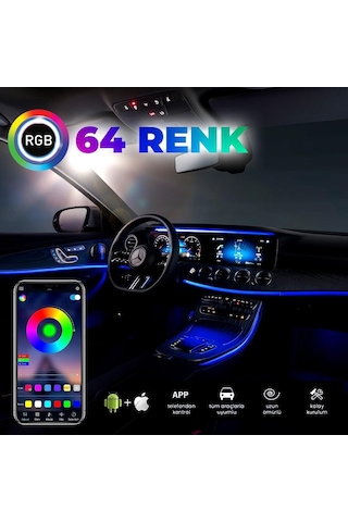 Araç İçi Ambiyans Aydınlatma Sistemi 64 Renk Rgb Led Bluetooth Destekli - Müzik Ve Ses Duyarlı