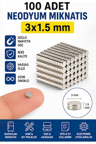 100 Adet Neodyum Mıknatıs 3x1,5 Mm N35 Güçlü Yuvarlak Magnet Mini Disk Mıknatıs