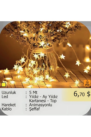 Elektrikhouse Led Peri Işığı Yıldız - Ay Yıldız Kartanesi - Top Animasyonlu 5 Metre Çok Renkli Elektrikhouse Led Peri Işığı Yıldız - Ay Yıldız Kartanesi - Top Animasyonlu 5 Metre Çok Renkli