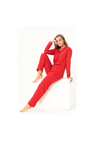 SUDE HOMEWEAR Düğmeli Pijama Takımı Kırmızı