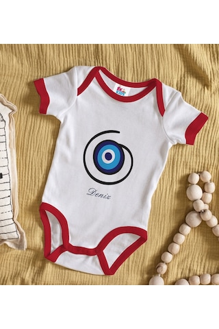 Bk Gift Bk Kids Kişiye Özel Nazar Boncuğu Tasarımlı Kırmızı Bebek Body Zıbın-3 Çok Renkli