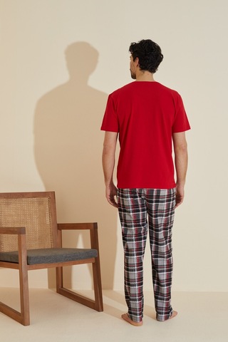 Siyah İnci Bisiklet Yaka Baskılı Örme Pijama Takım 25109828 Kırmızı