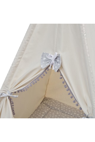 Exorbaby Lüks, Büyük Boy, Ahşap ve Pamuklu Naturel Kumaş, Toplanmaz, Devrilmez, Puf Minderli Oyun Çadırı Gri