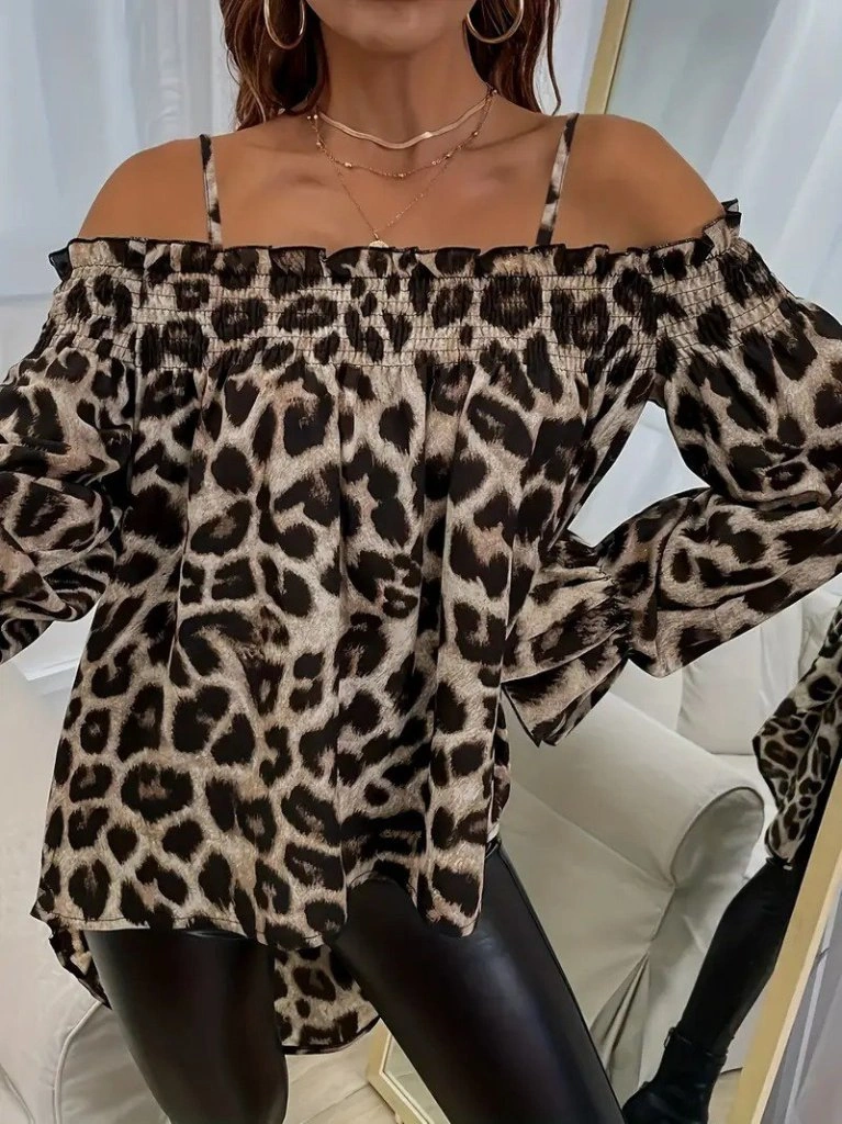 Tua Moda Kadın Ip Askılı Omuzlardan Açık Leopar Desenli Asimetrik Kesim Süprem Bluz LEOPAR