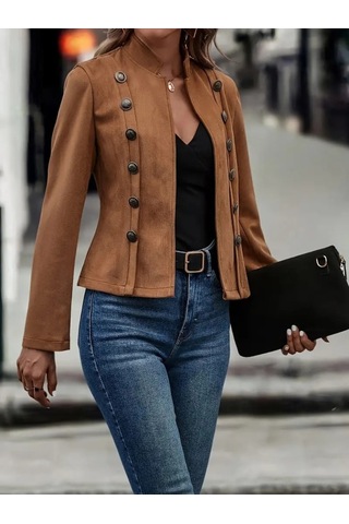 Kadın Uzun Kollu Hakim Yaka Yanlardan Düğmeli Kısa Süet Ceket Kahve