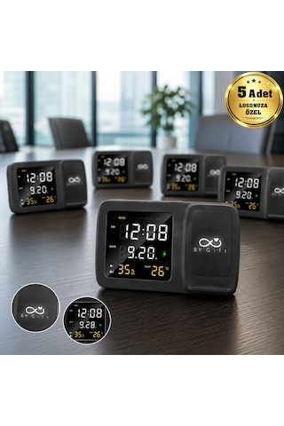 Logonuza Özel 5 Adet 4230 Wireless Şarj Cihazı Ve Dijital Saat - Led Logolu