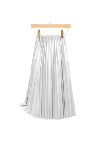 Kadın Pileli Etek Elastik Yüksek Bel A Kesim Uzun Etek Düz Renk Rahat Kumaş Çok Yönlü Etek Günlük Giyim Beyaz