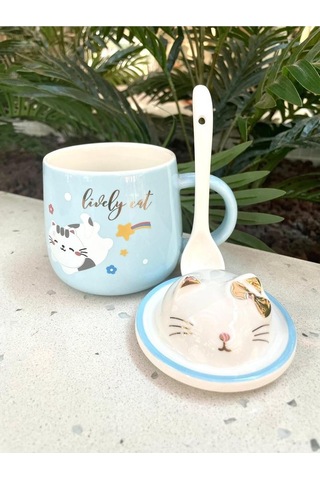 Kawai 3d Kedi Kapaklı Kaşıklı Kupa Bardak Mavi