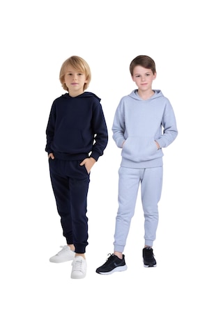 Fyk Kids 2'li Kanguru Cepli Kapüşonlu Düz Baskısız Erkek Çocuk Eşofman Takımı Lacivert - Gri