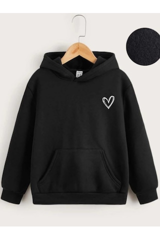 Moda Assema Çocuk Unisex Kapüşonlu Çizgi Kalp Baskılı Sweatshirt - Siyah Çok Renkli