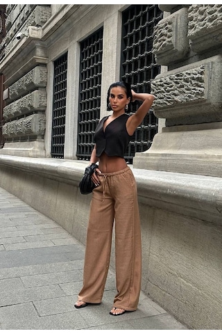 HLT Jeans Kadın Açık Kahve Baggy Beli Lastikli Keten Görünümlü Pantolon Emily-3015 Kahverengi