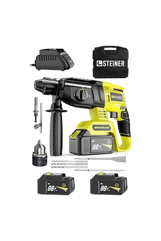 Steiner 88V 5Ah Çift Akülü Darbeli Kırıcı Delici Matkap Sarı + Mandren + 5 Parça Uç