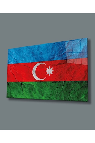Es10 Es10 Dokulu Azerbaycan Bayrağı Cam Tablo, Uv Baskılı ve Temperli, Hediyelik