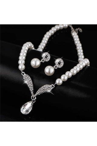 Taşlı İnci Takı Seti Kolye, Bileklik, Küpe 18 Gp Sevgililer Günü