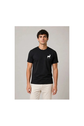 Butik İstanbul Erkek Minimal Geyik Logolu Tişört Bisiklet Yaka Kısa Kol Yazlık T-shirt - Siyah