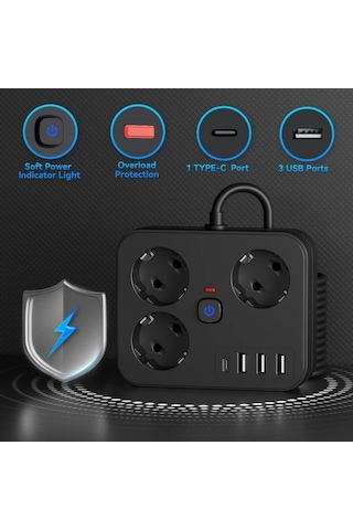 Motion003 7si 1 Arada Guc Seridi 3 Ac Cikisi 3 Usb Baglanti Noktasi 1 Tip C Aşiri Yuk Korumasi Siyah 3 05 Metre Uzatma Kablosu Ev Ofis Seyahat Icin