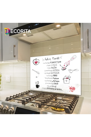 Cam Ocak Arkası Koruyucu Aşkın Tarifi Beyaz Fon 49,5cm X 76