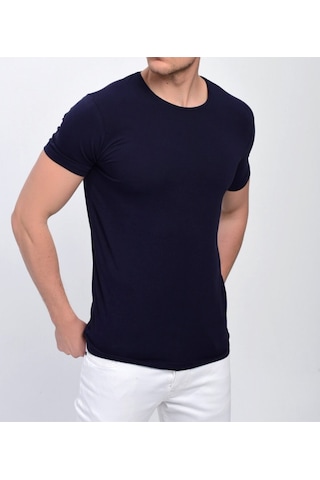 Nacar Store Erkek Siyah Bisiklet Yaka Likralı Basic T-shirt Lacivert