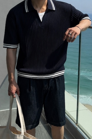 Tarz Cool Oversize Fit Çizgili Triko Polo Yaka Erkek Tişört Ribana Dokulu Premium Yazlık Model Siyah