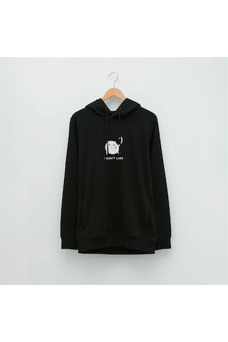 Kızgın Kedi Özel Tasarım Baskılı Kapüşonlu Sweatshirt Siyah