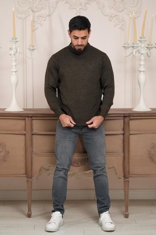 Woolen World Balıkçı Yaka Kalın Yünlü Erkek Triko Kazak Kahverengi