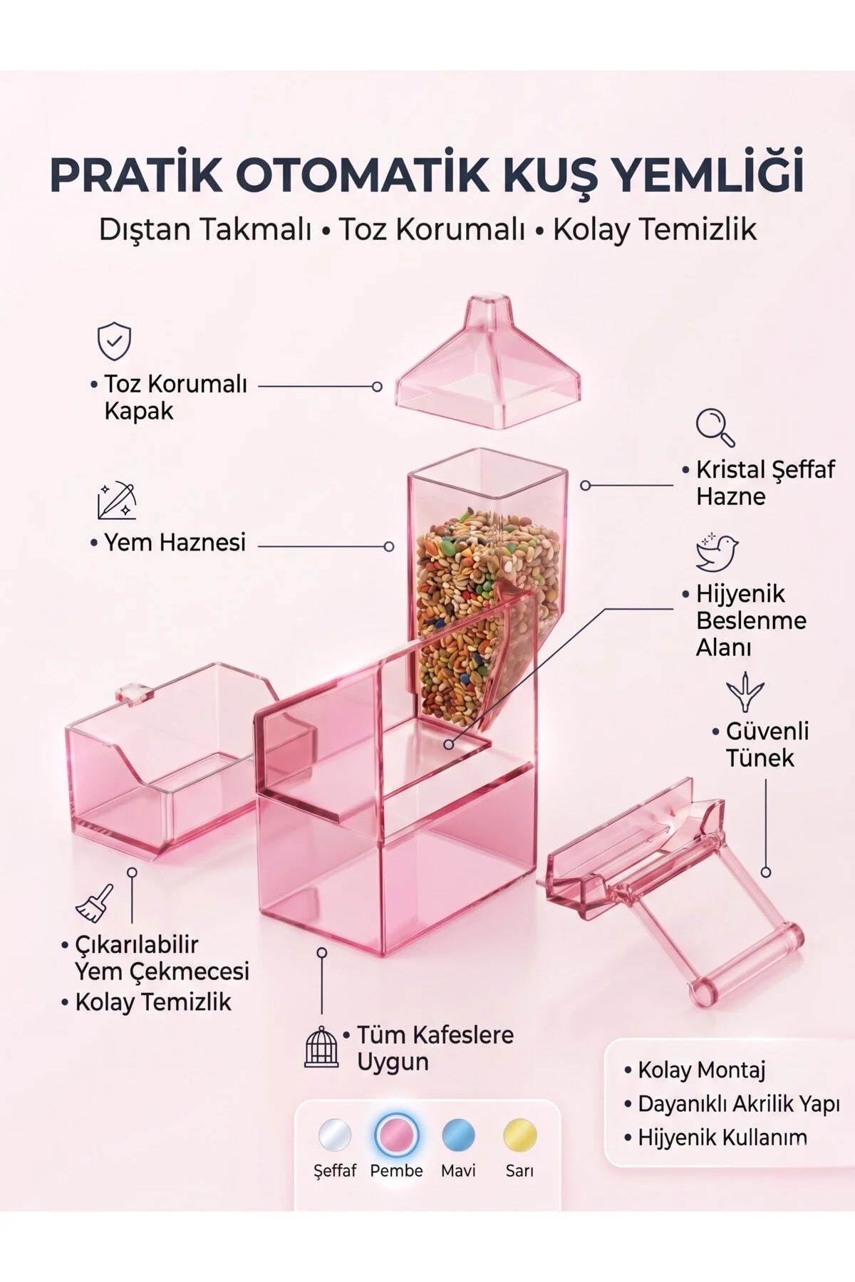 Yeni Tip Lüks Akıllı Yemlik, Yedek Hazneli Akıllı Yemlik Soft Pembe
