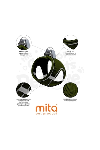 Mita Air Mesh Kedi Köpek Göğüs Tasması Çift Reflektörlü, Terletmeyen Haki