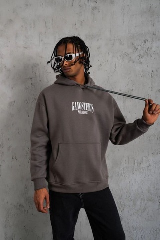 Mbb E-ticaret Erkek 3 İplik Pamuklu Baskılı Kapüşonlu Cepli Sweatshirt Hoodie - Gri