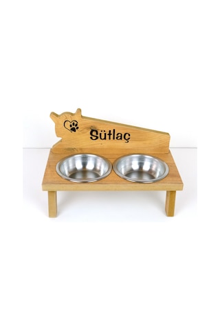 Realwood Özel İsimli Ahşap Kedi Köpek Mama Su Kabı Stantı 800 ML