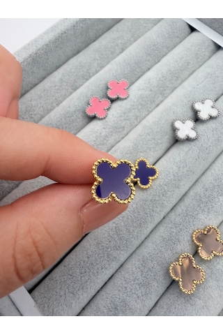 Çelik Yonca Küpe Renkli Mineli Gold Kadın Küpe 1 Cm Minimal Günlük Küpe Lacivert