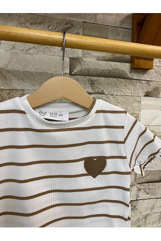 Aysbebe Kalp Nakışlı Çizgili Tişört + Tayt Buzi Kumaş Takım Kahverengi