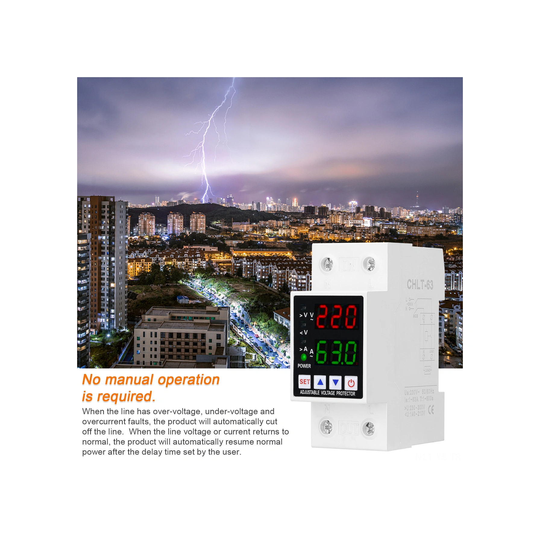 Yunboo Ev İçin Çift Ekranlı Ayarlanabilir Otomatik Sıfırlama Aşırı-düşük Gerilim Ve Akım Koruyucu Chlt-63va