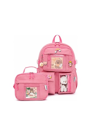 Wia Kawaii Kore Tarzı Ayıcıklı İlkokul Ve Beslenme Çantası Pembe