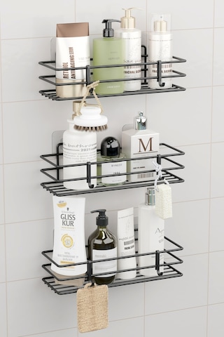 Zabata Ömür Boyu Paslanmaz Yapışkanlı 3 Adet Banyo Rafı Duş Şampuanlık Duvar Düzenleyici Organizer Siyah Siyah