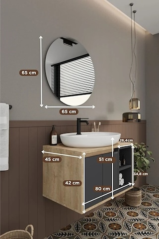 Gül 80 Cm %100 Mdf Lavabolu Banyo Dolabı Ayna Alt Dolap Lavabo Antrasit