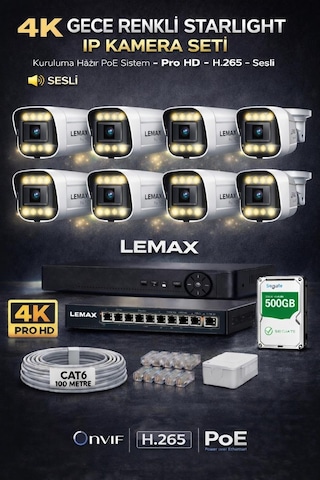 8 Kameralı 4k 1440p Full Hd Sesli Poe Ip Kamera Sistemi Gece Renkli Ultra Hd Güvenlik Seti