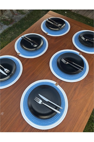 6 Lı Yuvarlak Supla Takımı Kolay Temizlenebilir, Modern Sofralar İçin Mavi - Beyaz