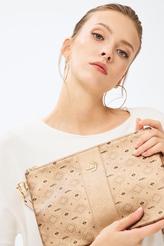 Deri Company Kadın Basic Clutch Çanta Monogram Desenli Şeritli Logolu Altın 214002 Altın - Siyah