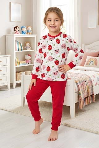 Modanino Kız ÇocukPamuk Pijama Takımı 4-11 Yaş 12628 Kırmızı