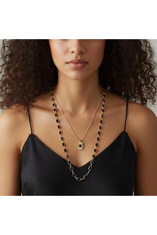 Kadın Siyah Taşlı Uzun Kolye -14k Gold - 70 Cm Çok Renkli